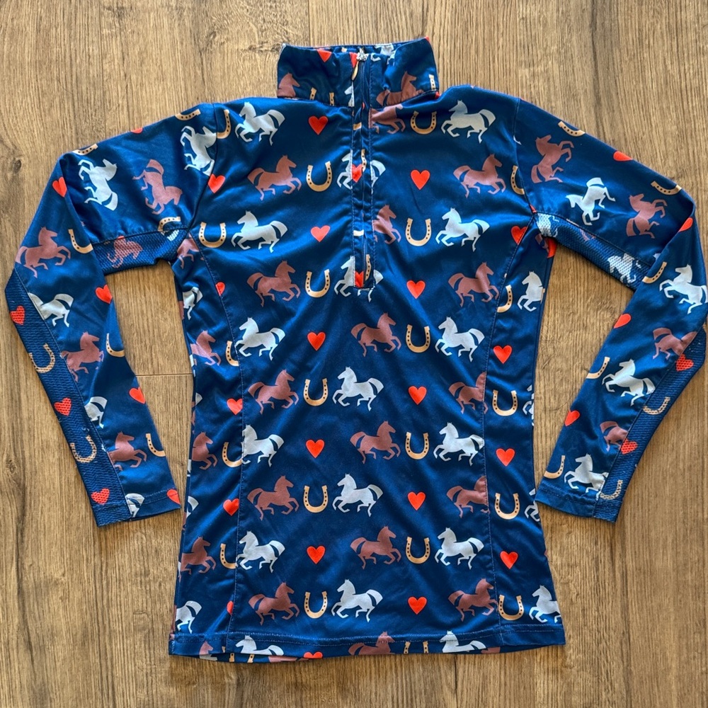 Kids Horse Print Riding Shirt - Blue